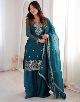 Women's Gorgeous Embroidery Work Crunchy Silk Fabric Straight Kurta Sharara and Dupatta Set 3