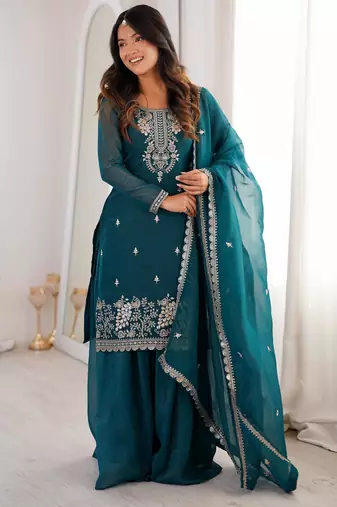 Women's Gorgeous Embroidery Work Crunchy Silk Fabric Straight Kurta Sharara and Dupatta Set