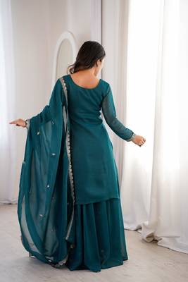 Women's Gorgeous Embroidery Work Crunchy Silk Fabric Straight Kurta Sharara and Dupatta Set 4
