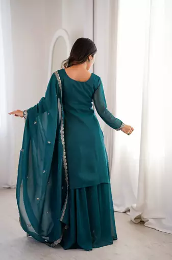 Women's Gorgeous Embroidery Work Crunchy Silk Fabric Straight Kurta Sharara and Dupatta Set
