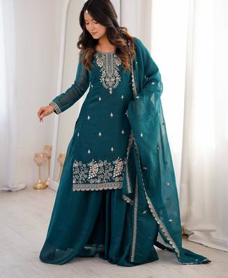 Women's Gorgeous Embroidery Work Crunchy Silk Fabric Straight Kurta Sharara and Dupatta Set 5