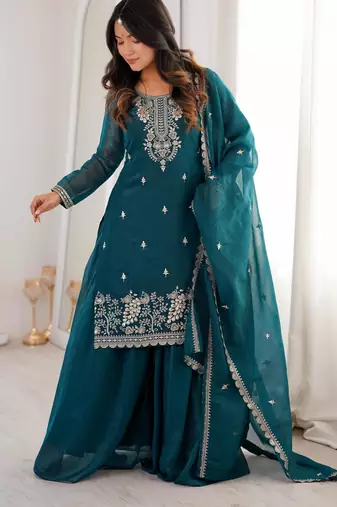 Women's Gorgeous Embroidery Work Crunchy Silk Fabric Straight Kurta Sharara and Dupatta Set