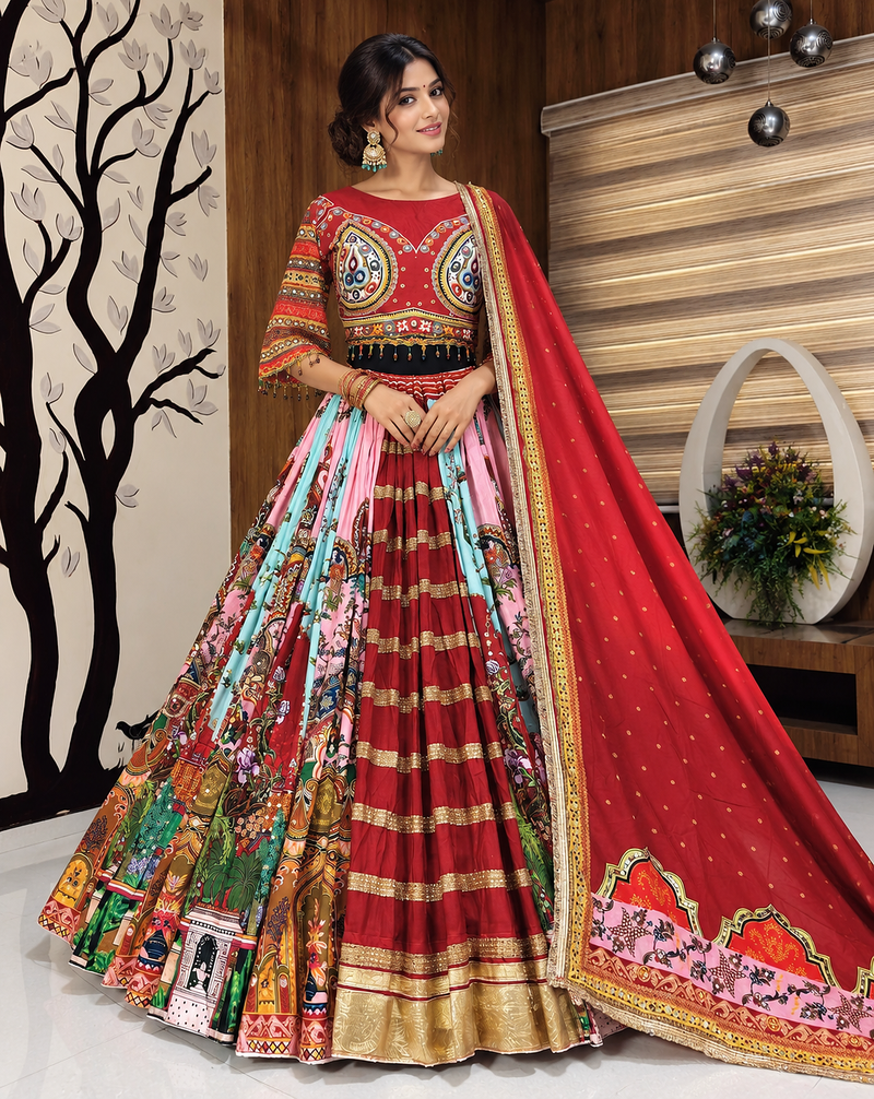 Muslin Cotton Lehenga Choli Set With Mirror Work And Fringe Lace