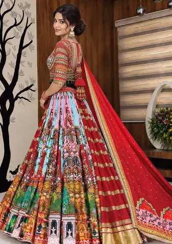Muslin Cotton Lehenga Choli Set With Mirror Work And Fringe Lace