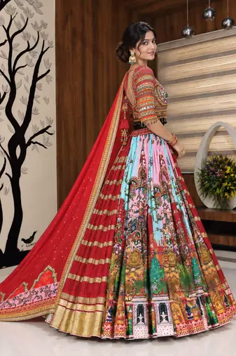 Muslin Cotton Lehenga Choli Set With Mirror Work And Fringe Lace