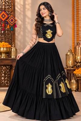 Black  Color Stylish Lehenga With Golden "Kalash" Patch Work- full stitched free size 1