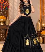 Black  Color Stylish Lehenga With Golden "Kalash" Patch Work- full stitched free size