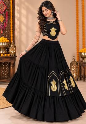 Black  Color Stylish Lehenga With Golden "Kalash" Patch Work- full stitched free size 2