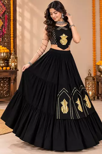 Black  Color Stylish Lehenga With Golden "Kalash" Patch Work- full stitched free size