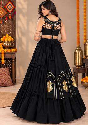 Black  Color Stylish Lehenga With Golden "Kalash" Patch Work- full stitched free size 3