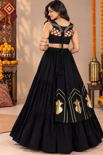 Black  Color Stylish Lehenga With Golden "Kalash" Patch Work- full stitched free size