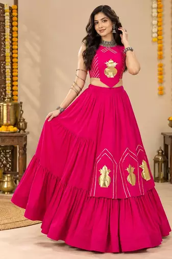 Pink Color Stylish Lehenga With Golden "Kalash" Patch Work- full stitched free size