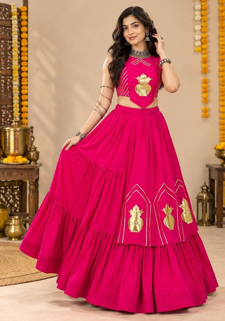 Pink Color Stylish Lehenga With Golden "Kalash" Patch Work- full stitched free size