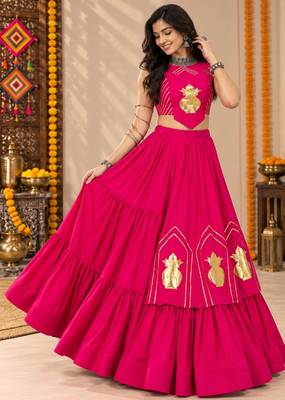 Pink Color Stylish Lehenga With Golden "Kalash" Patch Work- full stitched free size 2