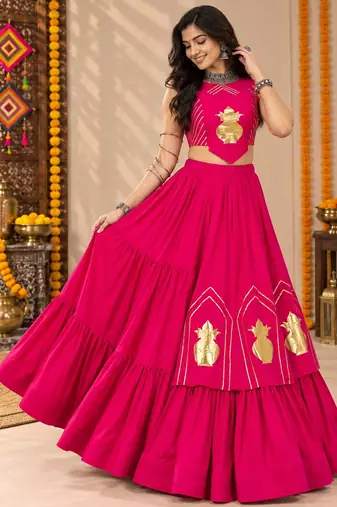 Pink Color Stylish Lehenga With Golden "Kalash" Patch Work- full stitched free size
