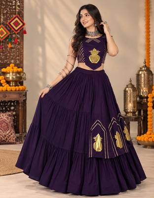 Purple Color Stylish Lehenga With Golden "Kalash" Patch Work- full stitched free size 1