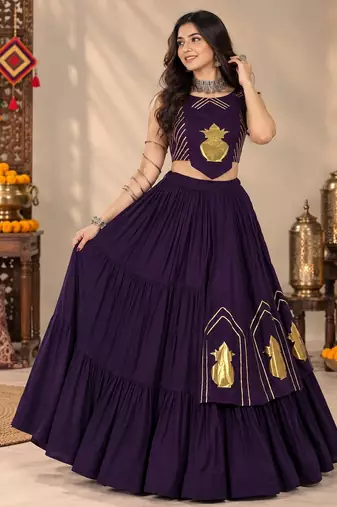 Purple Color Stylish Lehenga With Golden "Kalash" Patch Work- full stitched free size