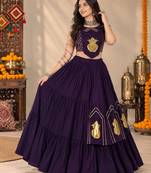 Purple Color Stylish Lehenga With Golden "Kalash" Patch Work- full stitched free size