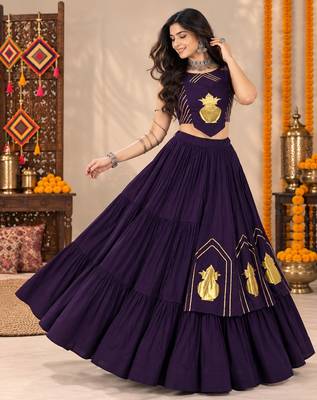 Purple Color Stylish Lehenga With Golden "Kalash" Patch Work- full stitched free size 2
