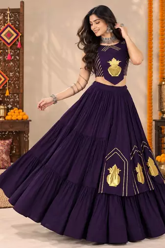 Purple Color Stylish Lehenga With Golden "Kalash" Patch Work- full stitched free size