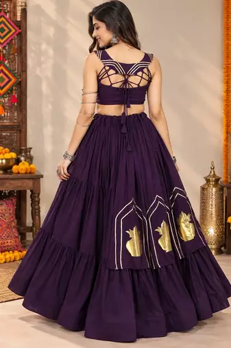 Purple Color Stylish Lehenga With Golden "Kalash" Patch Work- full stitched free size