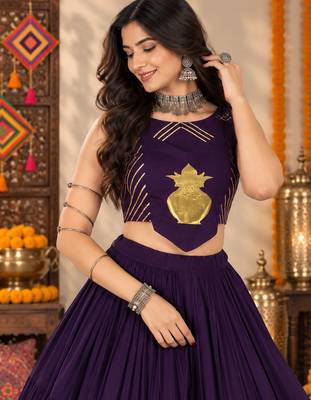 Purple Color Stylish Lehenga With Golden "Kalash" Patch Work- full stitched free size 4