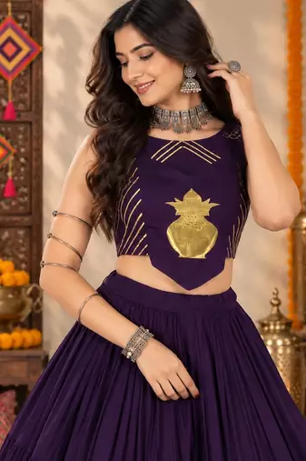 Purple Color Stylish Lehenga With Golden "Kalash" Patch Work- full stitched free size