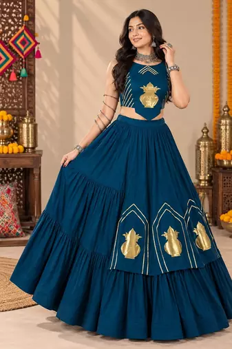 Tealblue Color Stylish Lehenga With Golden "Kalash" Patch Work- full stitched free size