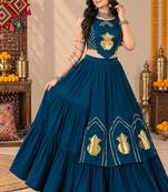 Tealblue Color Stylish Lehenga With Golden "Kalash" Patch Work- full stitched free size