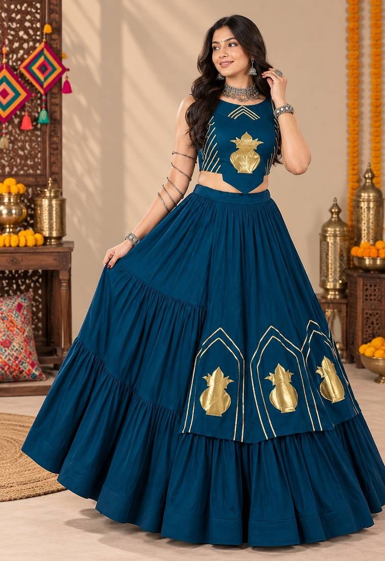 Tealblue Color Stylish Lehenga With Golden "Kalash" Patch Work- full stitched free size