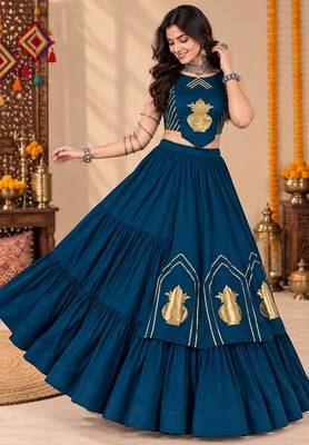 Tealblue Color Stylish Lehenga With Golden "Kalash" Patch Work- full stitched free size 2