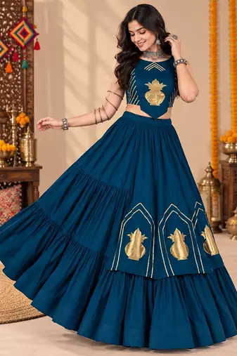 Tealblue Color Stylish Lehenga With Golden "Kalash" Patch Work- full stitched free size