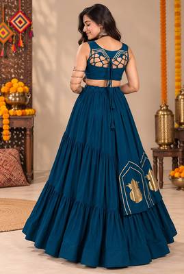 Tealblue Color Stylish Lehenga With Golden "Kalash" Patch Work- full stitched free size 3