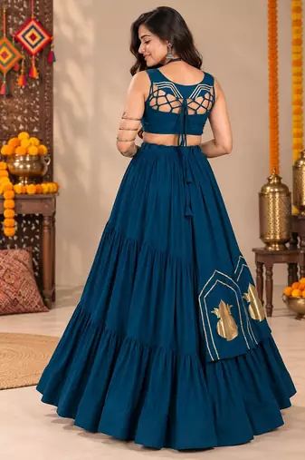 Tealblue Color Stylish Lehenga With Golden "Kalash" Patch Work- full stitched free size
