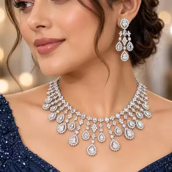 Indian Bridal CZ Necklace & Earrings Set, Sparkling Statement Jewelry 1