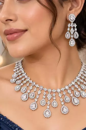 Indian Bridal CZ Necklace & Earrings Set, Sparkling Statement Jewelry