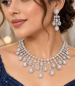 Indian Bridal CZ Necklace & Earrings Set, Sparkling Statement Jewelry