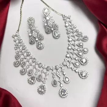 Indian Bridal CZ Necklace & Earrings Set, Sparkling Statement Jewelry 2