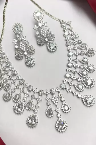 Indian Bridal CZ Necklace & Earrings Set, Sparkling Statement Jewelry