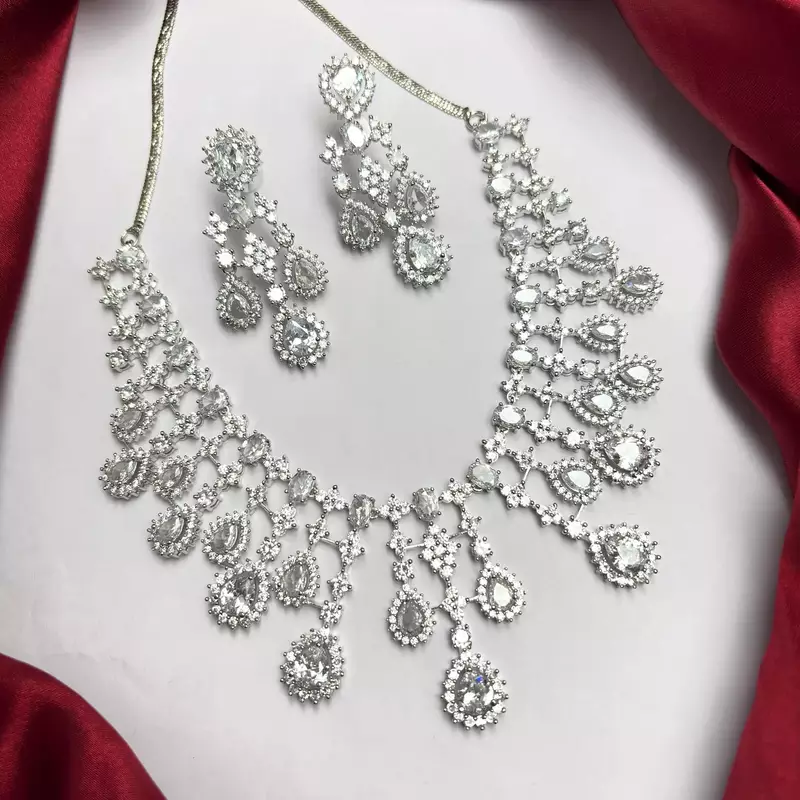 Indian Bridal CZ Necklace & Earrings Set, Sparkling Statement Jewelry