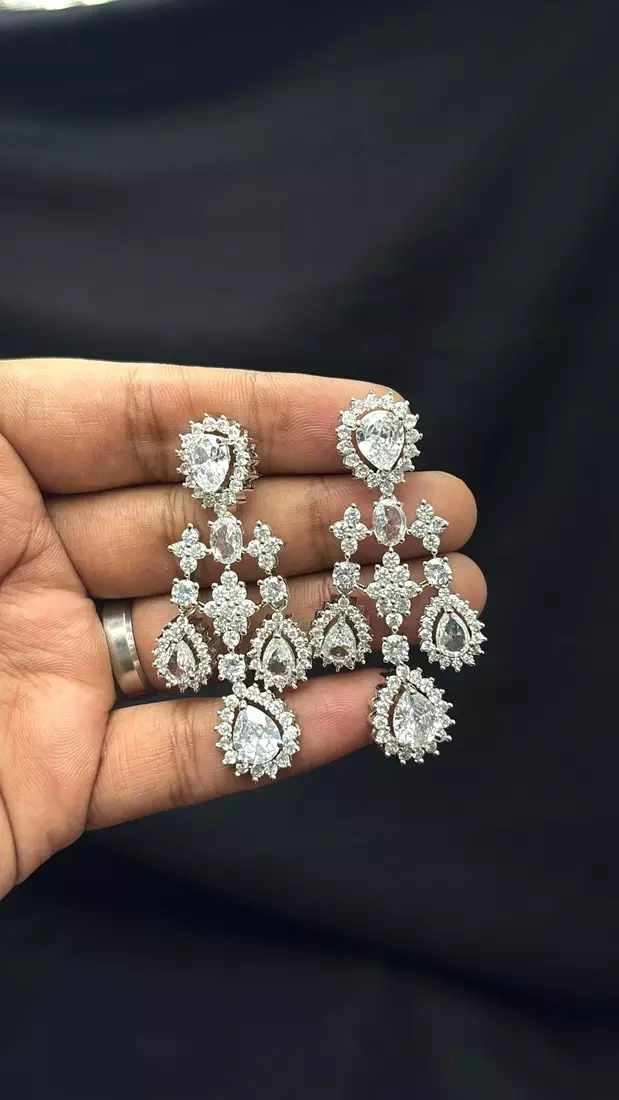 Indian Bridal CZ Necklace & Earrings Set, Sparkling Statement Jewelry