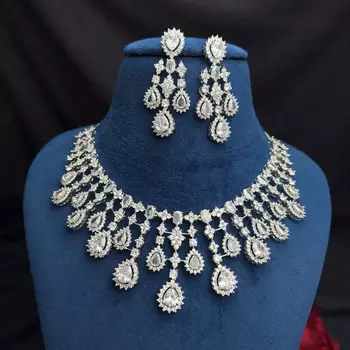 Indian Bridal CZ Necklace & Earrings Set, Sparkling Statement Jewelry 4