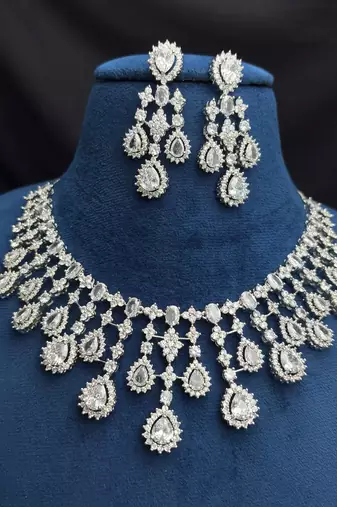 Indian Bridal CZ Necklace & Earrings Set, Sparkling Statement Jewelry