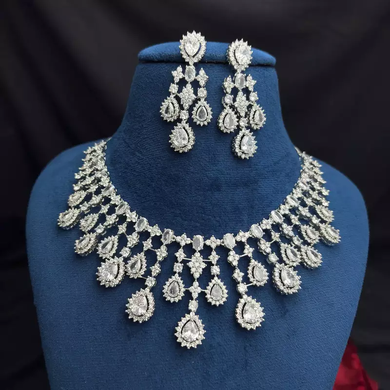 Indian Bridal CZ Necklace & Earrings Set, Sparkling Statement Jewelry