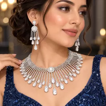 Silver Crystal Bridal Necklace Earrings Set, Indian Wedding Jewelry, Statement Choker 1