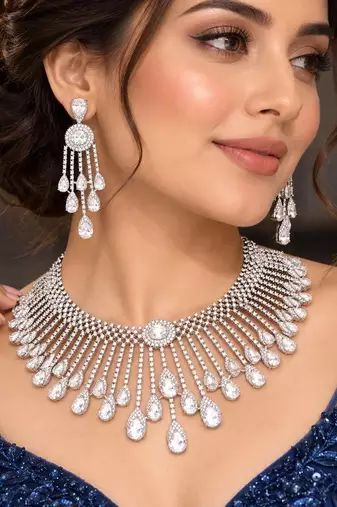Silver Crystal Bridal Necklace Earrings Set, Indian Wedding Jewelry, Statement Choker