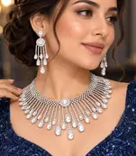 Silver Crystal Bridal Necklace Earrings Set, Indian Wedding Jewelry, Statement Choker