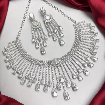 Silver Crystal Bridal Necklace Earrings Set, Indian Wedding Jewelry, Statement Choker 2