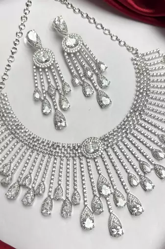 Silver Crystal Bridal Necklace Earrings Set, Indian Wedding Jewelry, Statement Choker