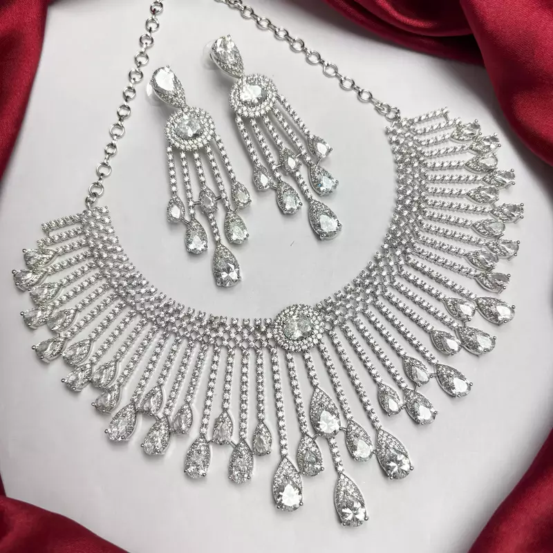 Silver Crystal Bridal Necklace Earrings Set, Indian Wedding Jewelry, Statement Choker